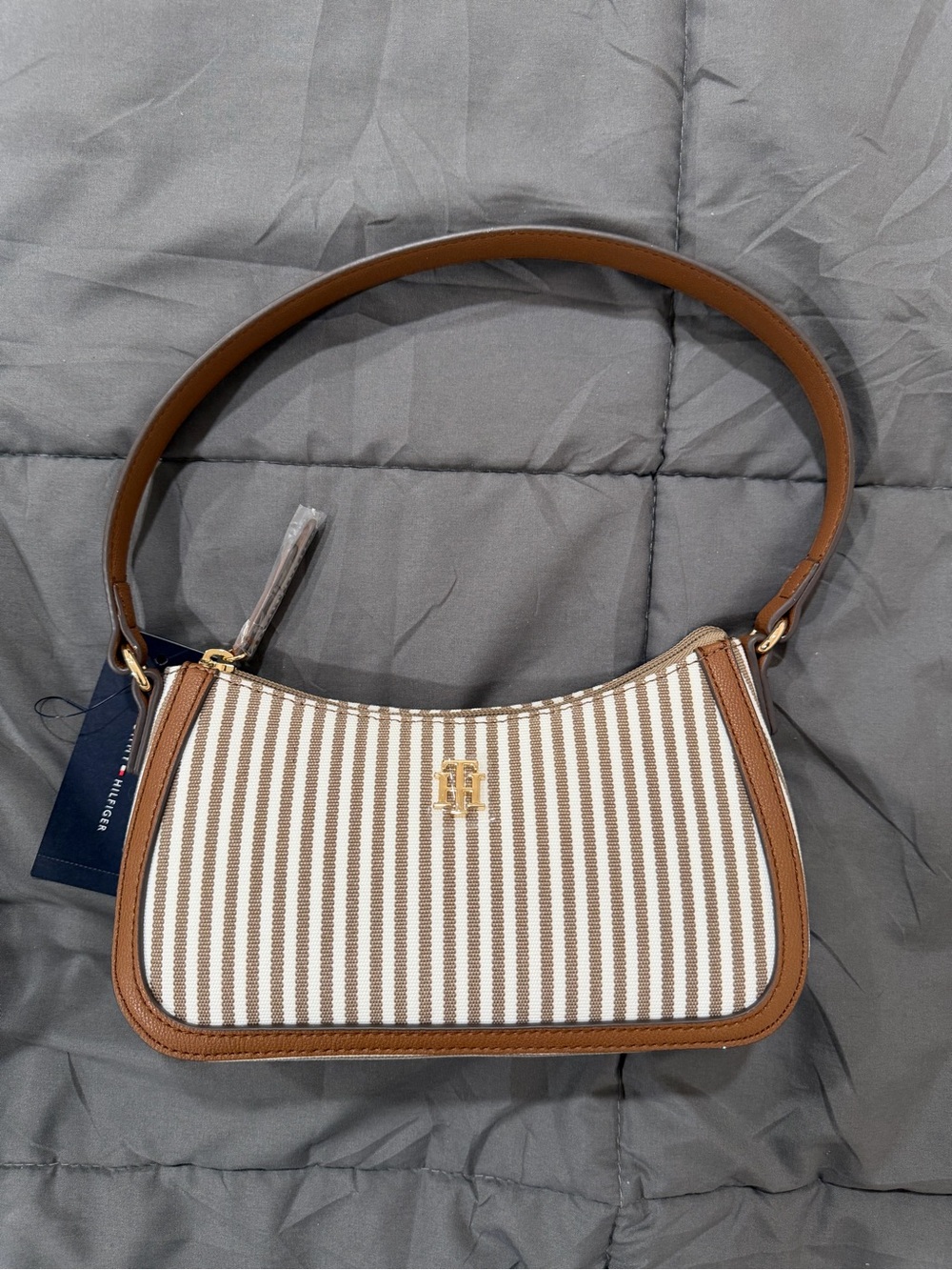 Tommy Hilfiger Cream & Tan Striped Shoulder Hobo with Gold Logo